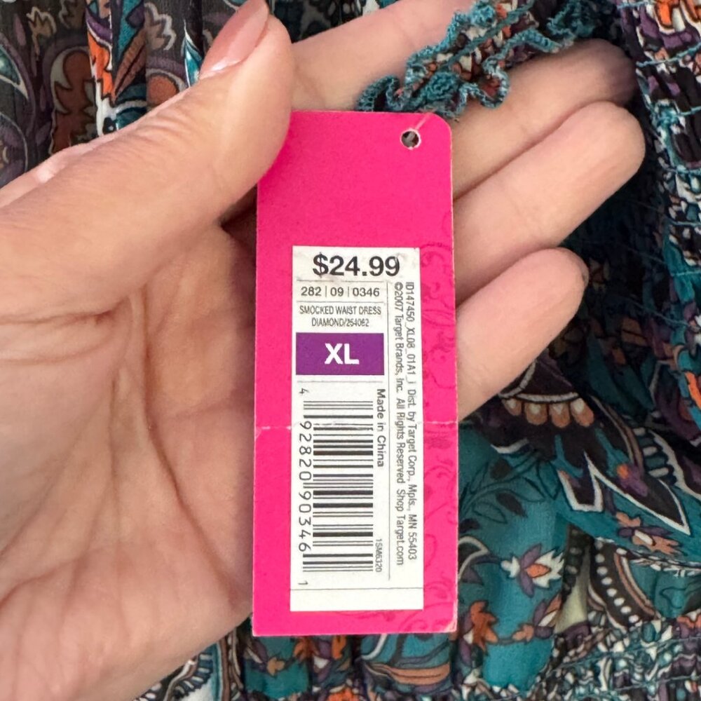 Xhilaration Long Sleeve Paisley Dress Smocked Neckline Ruffled Hem Size XL NEW - Picture 10 of 10
